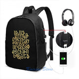 ARMENIAN ALPHABET Mixed Gold and Black USB Charge Backpack men School bags Women bag Travel laptop bag