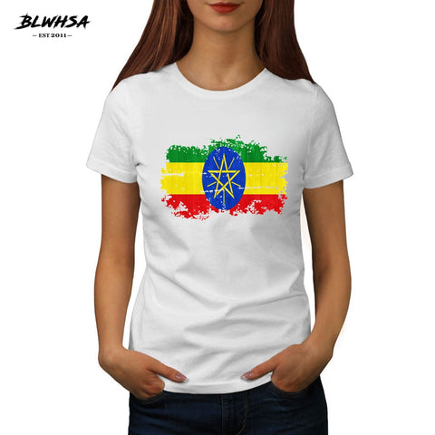 BLWHSA Ethiopia Women T Shirt Summer O-Neck Print Ethiopia Nostalgic Flag Fashion Cotton Women Short Sleeve T-Shirts