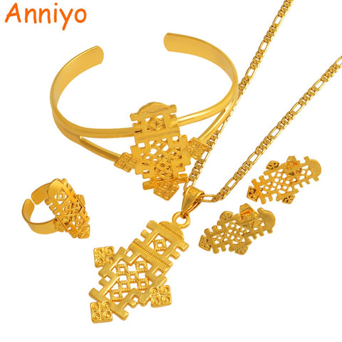 Anniyo Ethiopian Cross Jewelry Pendant Necklace/Earrings/Bangle/Ring Set Coptic Crosses Gold Color African Religion #042206